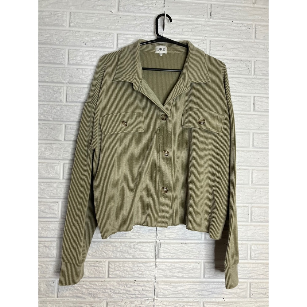 BKE‎ Ribbed Knit Shacket Womens Medium Olive Green Excellent Button Down Shirt